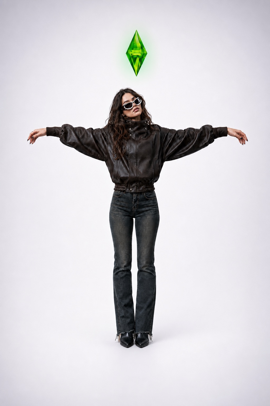 Natali in a black leather look with a green Sims plumbob